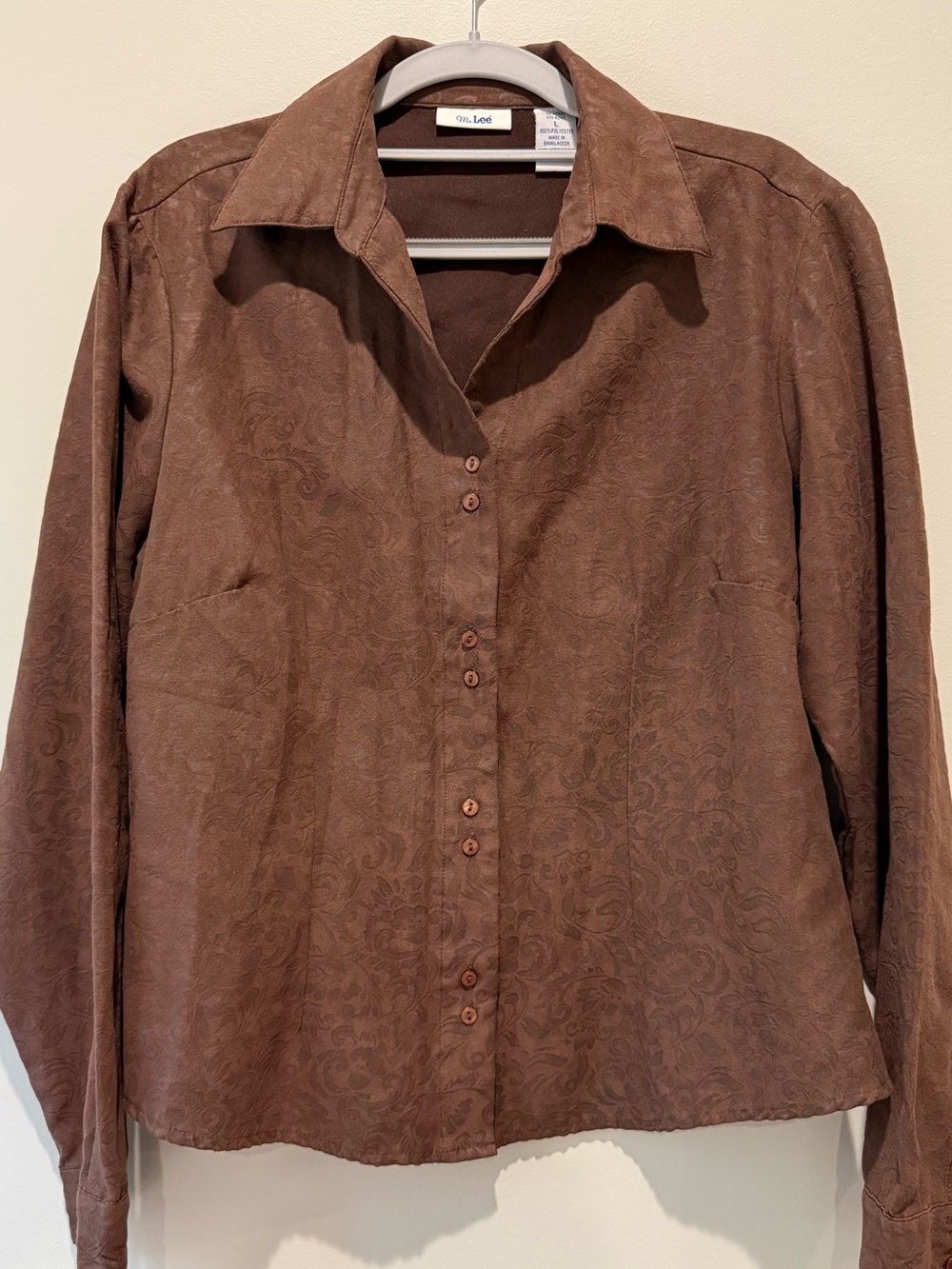 Vintage Ms. Lee Brown Faux Suede Paisley Button Down Shirt - Size Large
